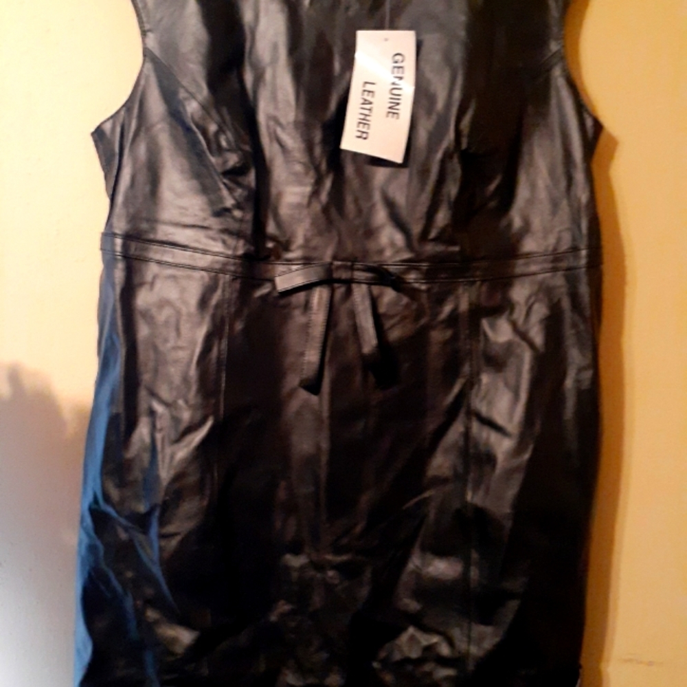 Knee length sleeveless genuine leather dress
